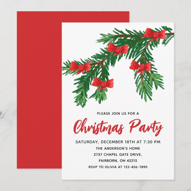 Festive Watercolor Greenery Red Bow Christmas Inbjudningar (Fram/baksida)