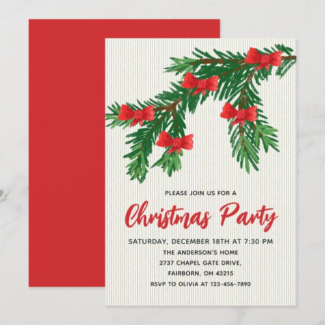 Festive Watercolor Greenery Red Bow Christmas Inbjudningar (Fram/baksida)