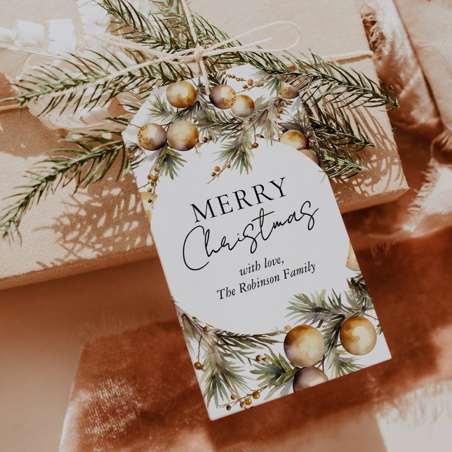 Festive Watercolor Guld Foliage jul Presentetikett (Skapare uppladdad)