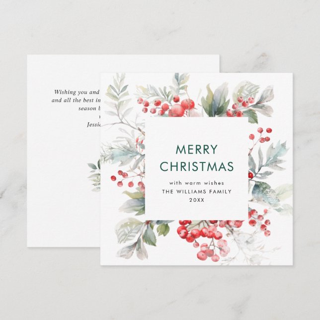 Festive Watercolor Holly Berry jul Modern Julkort (Fram/baksida)