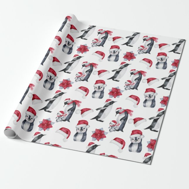Festive Watercolor jul Penguin Presentpapper (Utrullad)