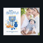 Festive Watercolor Menorah Lycklig Hanukkah Photo<br><div class="desc">Lycklig Hanukkah! Skicka Hanukkah önskemål till familj och vänner med det här anpassadet. Den har vattenfärgade illustrationer av Hanukkah-symboler som Hanukkiah eller menorah,  sufganiyot,  oliver och dreidel. Anpassa genom att lägga till namn och ett foto.</div>