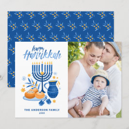 Festive Watercolor Menorah Lycklig Hanukkah Photo Julkort