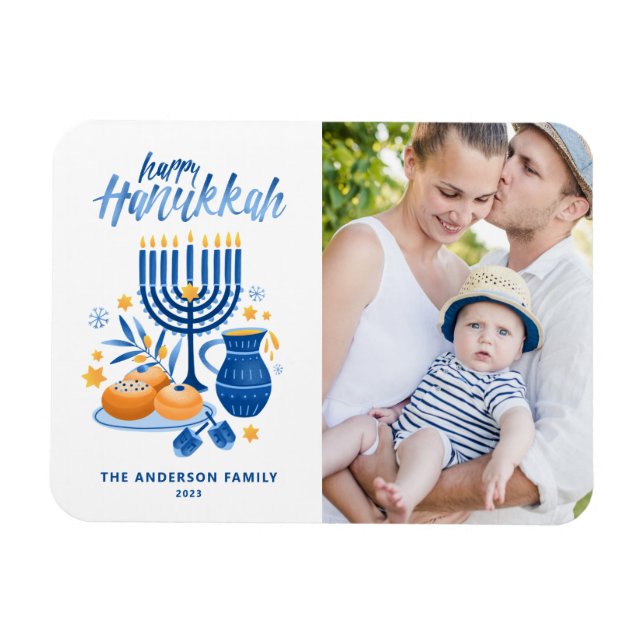 Festive Watercolor Menorah Lycklig Hanukkah Photo Magnet (Horisontell)