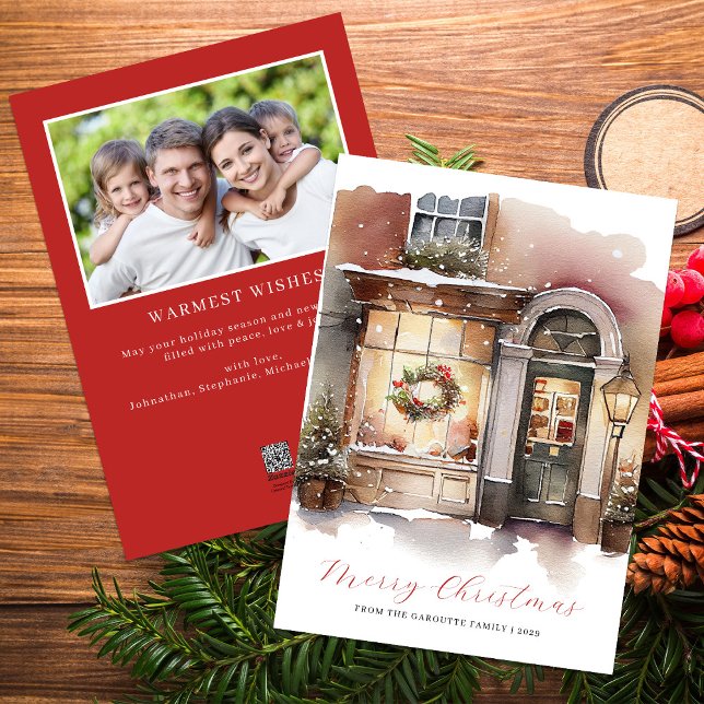 Festive Watercolor Photo God jul Julkort (Merry Christmas Watercolor Photo Red Holiday Card)