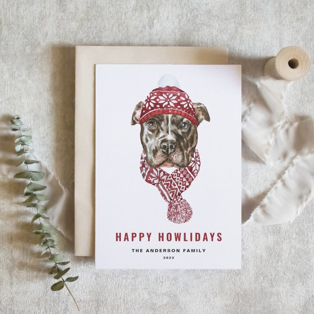 Festive Watercolor Pitbull Lycklig Howlidays Helg Vykort (Skapare uppladdad)