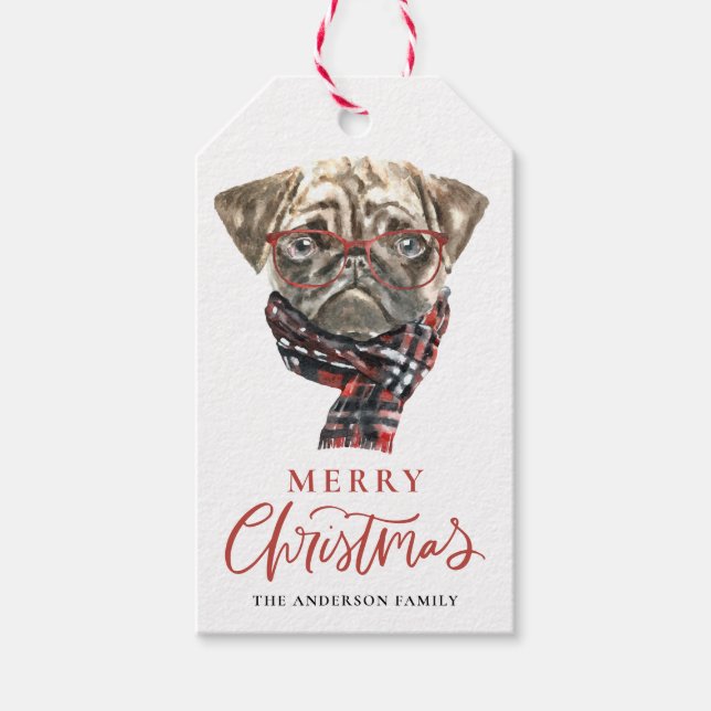 Festive Watercolor Pug God jul Presentetikett (Framsidan)