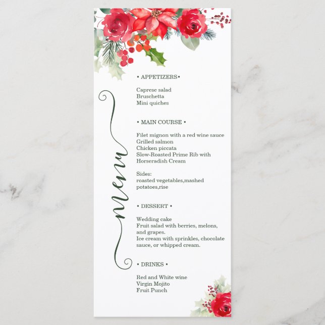 Festive Watercolor Rose Poinsettia Holiday Wedding Meny (Framsida)