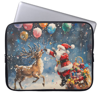 Festive Watercolor Santa Reindeer Colorful Balloon Laptop Fodral