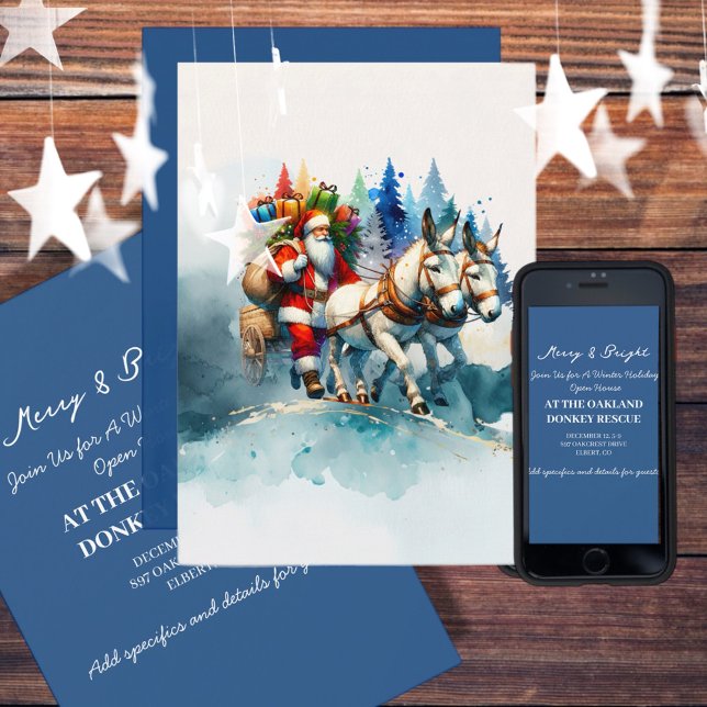 Festive Watercolor Santa with Donkey Inbjudningar (Enjoy this Festive Christmas design! Customize with your favorite holiday event or greeting. )