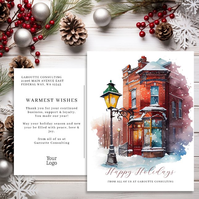 Festive Watercolor Storefront Business Helg Vykort (Festive Watercolor Storefront Business Holiday Postcard)