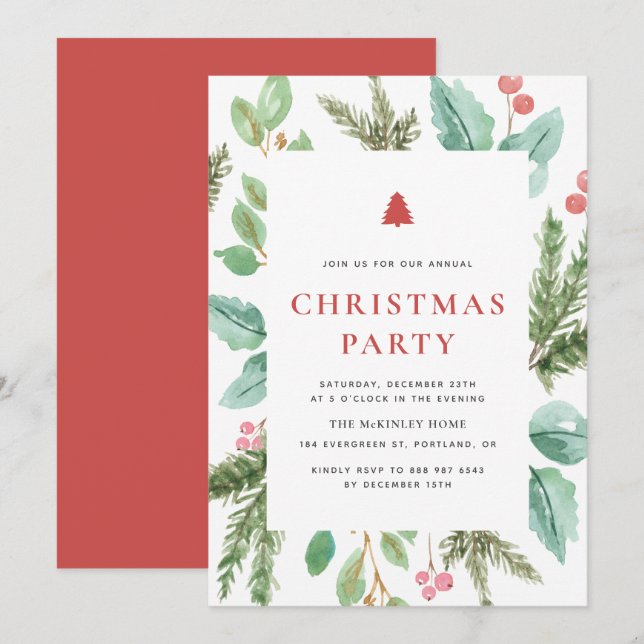 Festive Watercolor Winter Foliage God Party Inbjudningar (Fram/baksida)