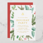 Festive Watercolor Winter Foliage Julfest<br><div class="desc">Familjen Inbjudan och vänner till firande med anpassadets inbjudan till julfesten för folie från guld. Den har vattenfärgade illustrationer av holly, gräs nål och eukalyptus löv och evergreens. Anpassa efter händelse, namn, datum, tidpunkt, adress och andra uppgifter. Matchande objekt är tillgängliga. Den här inbjudan till festlig grön julfest finns på...</div>