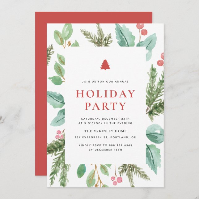 Festive Watercolor Winter Foliage Julfest Inbjudningar (Fram/baksida)