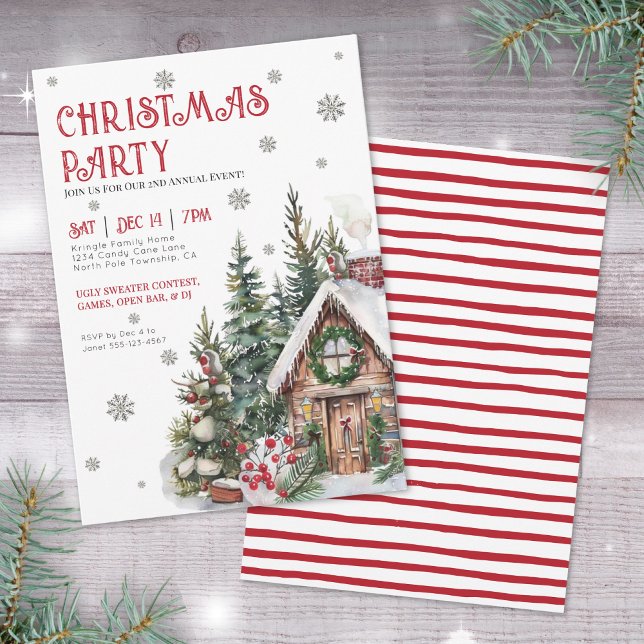 Festive Watercolor Winter jul Party Inbjudningar (Festive Watercolor Winter Christmas Party Invitation)