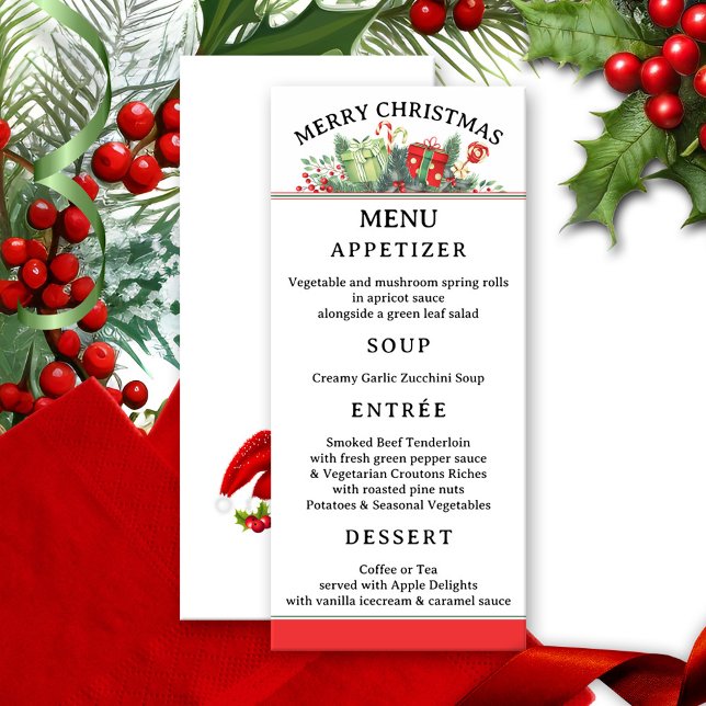 Festive Whimsical Classic-julmeny Meny (Christmas menu card featuring a festive classic design in red and green with pine twigs and berries)