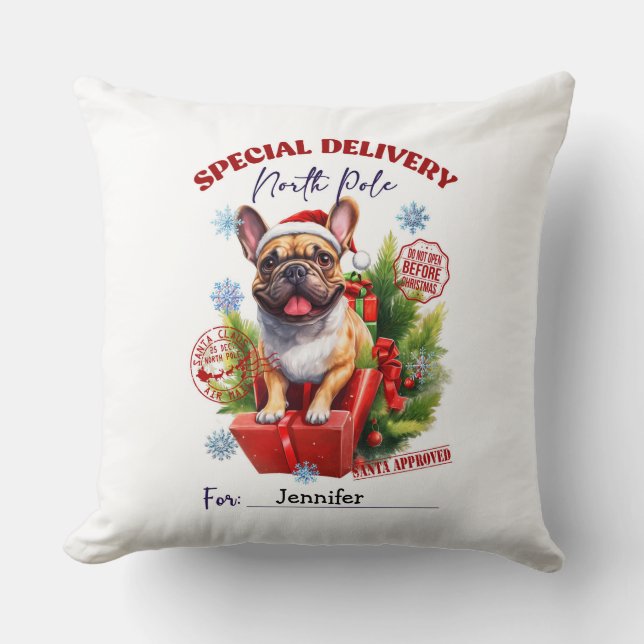 Festive Whimsical Pug Christmas Throw Pillow Kudde (Framsida)