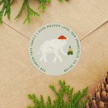Festive White Elephant Illustrated Returadress Runt Klistermärke<br><div class="desc">Festive Return Address-etikett med runda klistermärken med modern typografi omgiven av en roligt som illustrerar en vit elefant i en chic som är vit på grädden färg med röd roligt och grönt. Originalkonst och design av Annie Montgomery Design.</div>