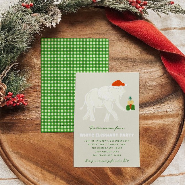 Festive White Elephant Party Illustrated Inbjudningar (Festive White Elephant Party Illustrated Invitation with a green checkered back.)