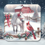 Festive White Horse and Kardinal jul Fyrkantigt Klistermärke<br><div class="desc">En vattenfärgad illustration av en scen på en rustik gård med en vit häst och kardinal och ett trästängsel som dekoreras i gräs på koner,  bär och trädgårdsmark en vinterdag.</div>