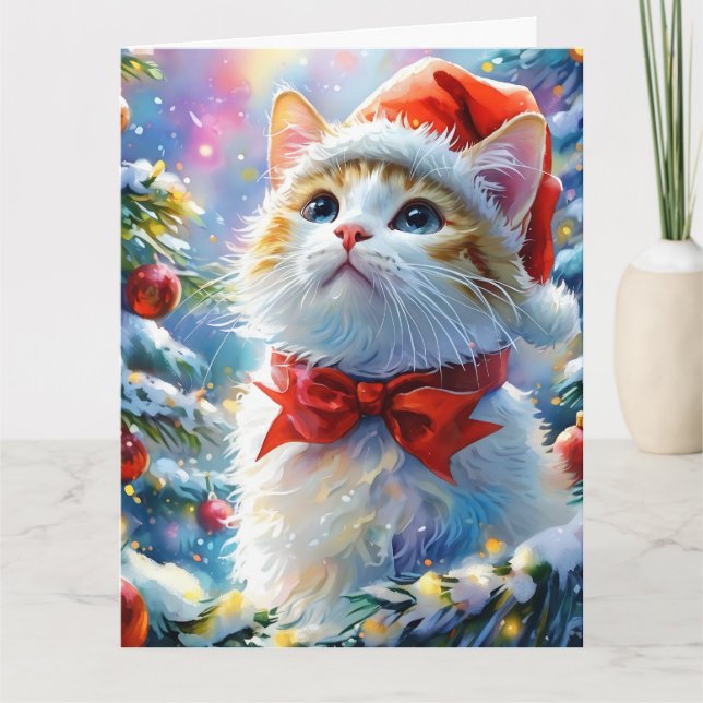 Festive White Kitten i Santa Hat Kort (Framsida)
