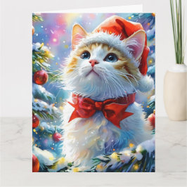 Festive White Kitten i Santa Hat Kort