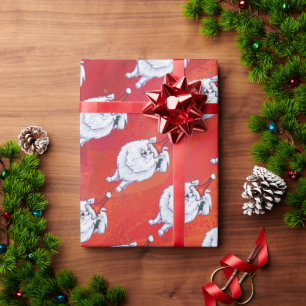 Festive White PomPom Hund Mönster på Red Presentpapper