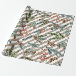 Festive White Stripe Pine Spruce Kraft Holiday Presentpapper