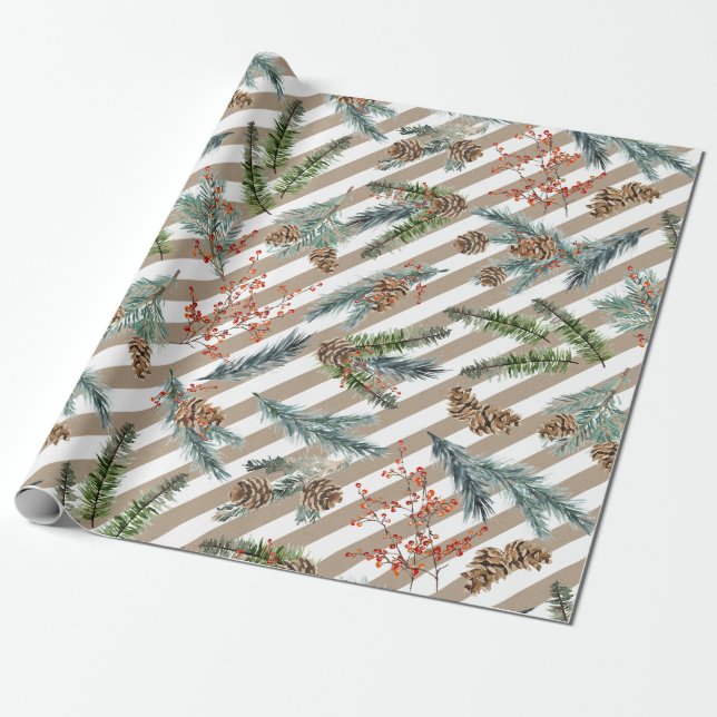 Festive White Stripe Pine Spruce Kraft Holiday Presentpapper (Utrullad)