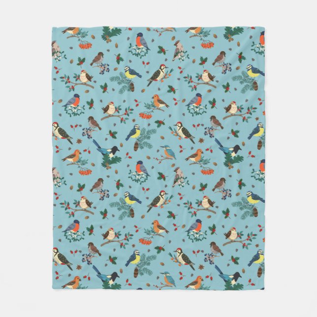 Festive Winter Birds jul Mönster Fleecefilt (Framsidan)