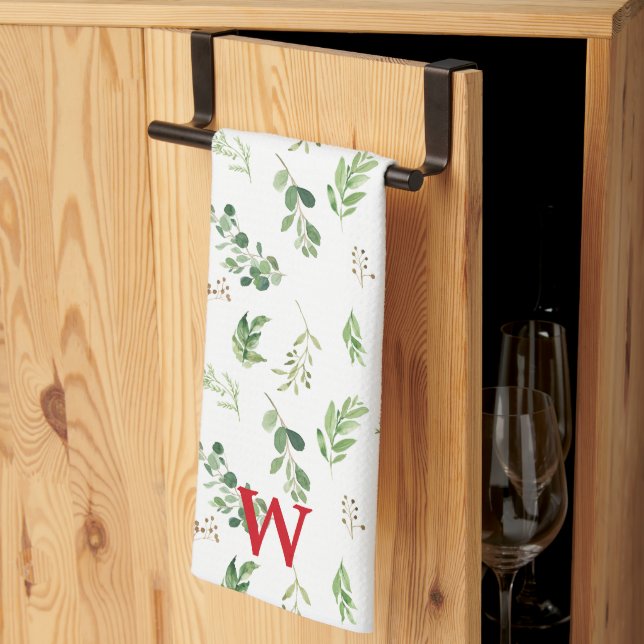 Festive Winter Botanicals Monogram Helgdag Kökshandduk (Thirds Fold)