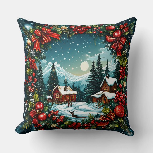 Festive Winter Cabin Scene vid jul - andedräkt Kudde (Framsida)