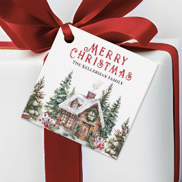 Festive Winter Cabin Watercolor jul Gåvor Etiketter