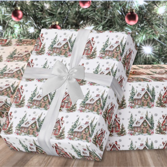 Festive Winter Cabin Watercolor jul Presentpapper (Festive Winter Cabin Watercolor Christmas Wrapping Paper )