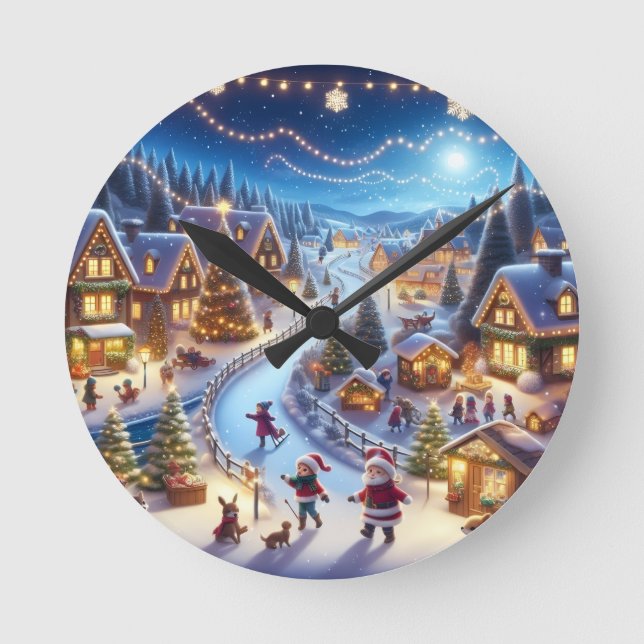 Festive Winter Christmas Village Night Rund Klocka (Framsida)