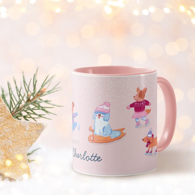 Festive Winter Cute Ice Skating  Dogs Name Mugg (Skapare uppladdad)