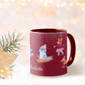 Festive Winter Cute Ice Skating Dogs Red Name Mugg