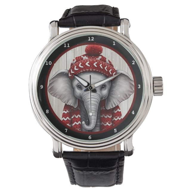 Festive Winter Elephant Wearing Cozy Hat Armbandsur (Framsida)