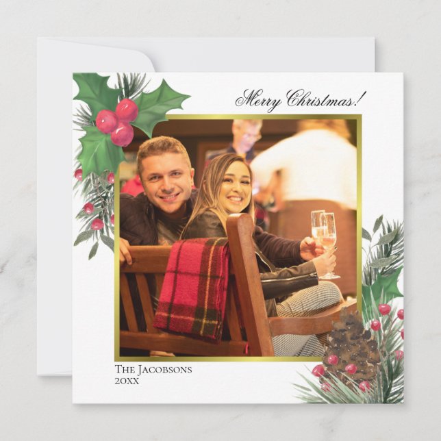 Festive Winter Foliage Holly Berries & Gräs Photo Julkort (Framsida)