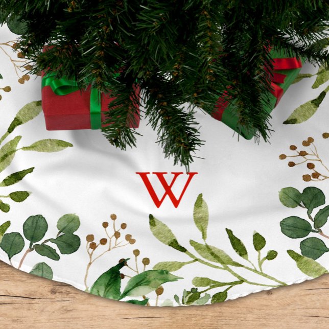 Festive Winter Greenery Helgdag Monogram Julgransmatta Borstad Polyester (Skapare uppladdad)