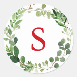 Festive Winter Greenery Monogram Helgdag Botanical Runt Klistermärke