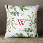 Festive Winter Greenery Watercolor Monogram Kudde<br><div class="desc">Denna vackra,  moderna helgdag dekorativ kudde har ett enkelt monogram med elegant,  parat med en underbar bakgrund av löv och bär på framsidan och baksidan. Monogramtexten är anpassade. Den här kudden är ett underbart tillägg till din helgdag-dekoration och ger också en tankfull gåva!</div>