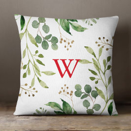 Festive Winter Greenery Watercolor Monogram Kudde