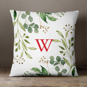 Festive Winter Greenery Watercolor Monogram Kudde