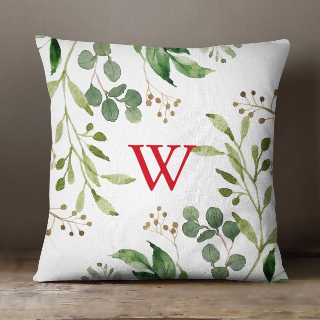 Festive Winter Greenery Watercolor Monogram Kudde (Skapare uppladdad)