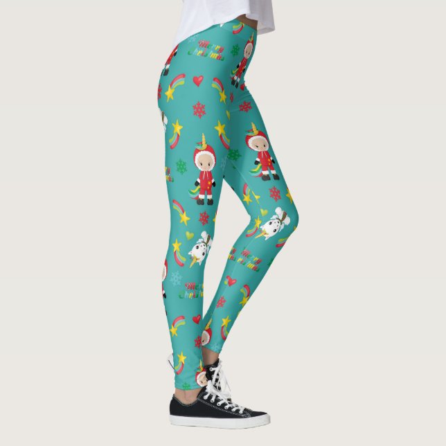 Festive Winter Helgdag Rainbow Unicorn jul Leggings (Höger)