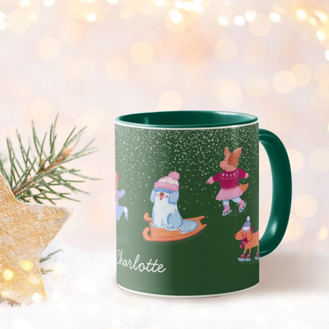 Festive Winter Iceskating Dogs Xmas Green Name Mug Mugg (Skapare uppladdad)