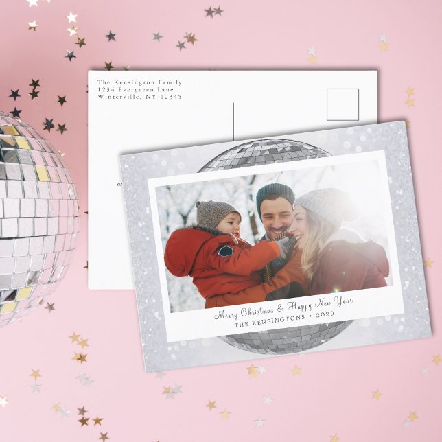 Festive Winter Photo silver Glitter Helg Vykort (Personalized Disco Ball Snowflake Holiday Postcard)