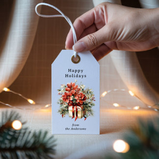 Festive Winter Red Floral Happy Holidays Gift Tag Presentetikett