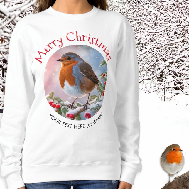 Festive Winter Robin Redbröst God jul T Shirt (A personalized festive sweatshirt, with winter robin picture and red 'Merry Christmas' greeting)